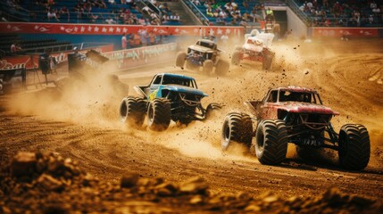 Several monster trucks battle for dominance on a dusty track, with an audience eagerly watching the exhilarating action unfold.