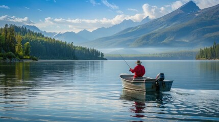 silhouette of a fisherman in a boat with a fishing rod on a quiet lake.