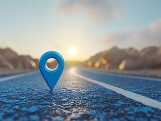 a blue location marker on a road