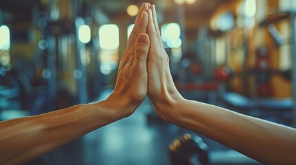 A close-up image of two hands meeting in a high five, with the background showing a blurred gym environment filled with weights, resistance bands, and exercise machines.