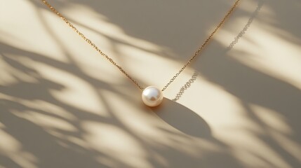 Fototapeta premium Overhead shot of a minimalist necklace with a single pearl, artistically arranged on a plain background, perfect for fashion branding