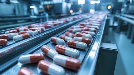 Obraz premium Packaged medications being transported on conveyor belts, with the background of a clean and sterile pharmaceutical environment.