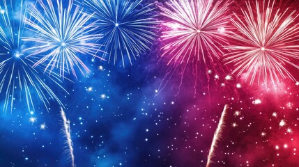Obraz premium Red, white, and blue fireworks filling the sky with dazzling light and color, creating a festive and celebratory atmosphere.
