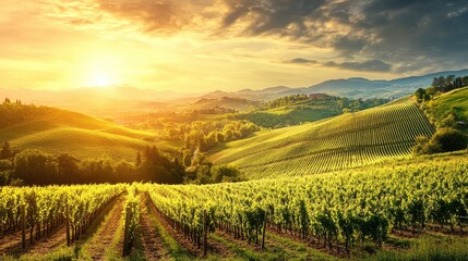 Fototapeta premium Rolling hills blanketed with lush vineyards under a golden sunset, casting warm light over the landscape, ideal for retirement backgrounds.
