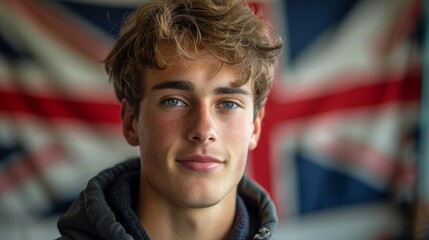 Fototapeta premium Young man poses in front of a British flag, showcasing a cheerful expression and casual attire