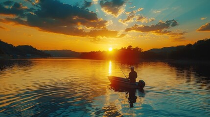 Fototapeta premium silhouette of a fisherman in a boat with a fishing rod on a quiet lake.