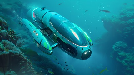 Fototapeta premium A futuristic blue submarine glides through a coral reef, surrounded by fish, in an underwater scene.