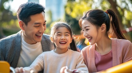 A cheerful family has an enjoyable time at the park, sharing laughter and love under the warm sun