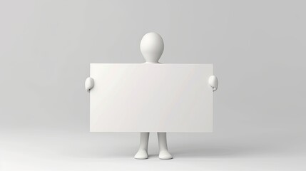 A 3d person is holding a white blank board in front of a white background