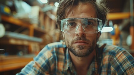 Obraz premium Young man wearing safety glasses works on a project in a workshop during daylight hours