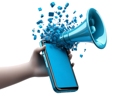 a hand holding a phone with a megaphone exploding