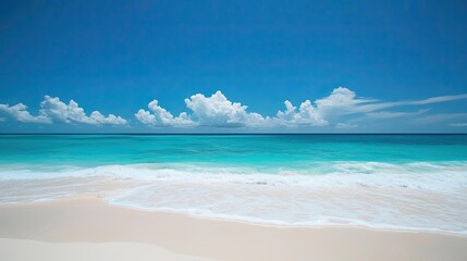 Fototapeta premium Turquoise sea meeting a white sandy beach, with gentle waves and clear skies, perfect for a tranquil Caribbean vacation.