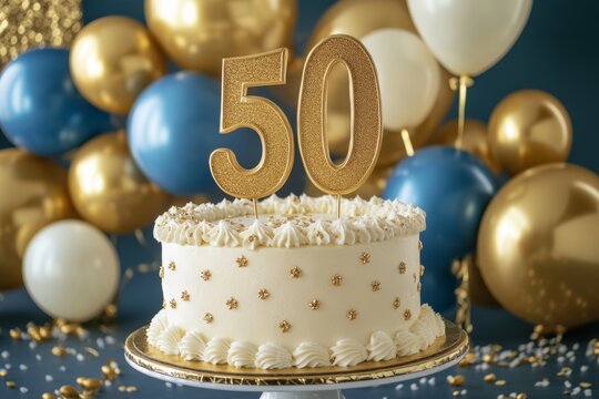 Celebratory birthday cake decorated with gold 50 topper and blue accents at a milestone event