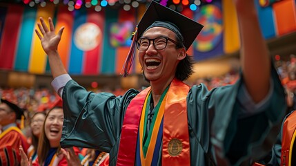 Obraz premium A joyful photograph of a graduate and their friend high-fiving on stage, with the audience cheering and taking photos. The background is filled with colorful banners and graduation caps in the air,