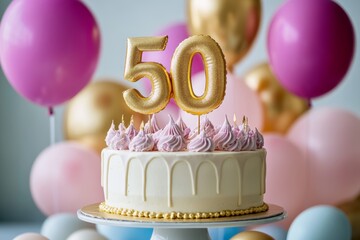 Gold 50 birthday cake with blue and white decorations at a festive celebration