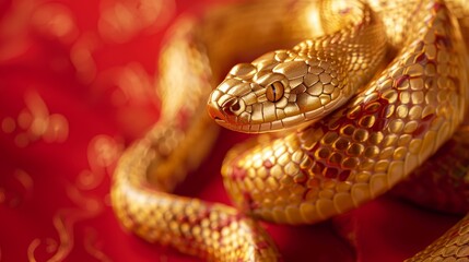 Fototapeta premium Golden snake resting on a vibrant red surface during bright daylight