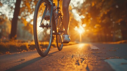 Bicyclist riding on a path during sunset in a park with warm golden light