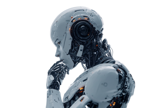 a robot with a hand on his chin