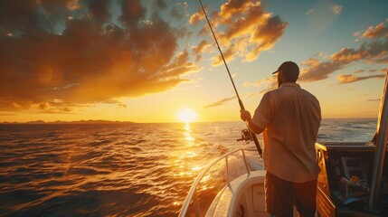 silhouette of a fisherman in a boat with a fishing rod on a quiet lake.