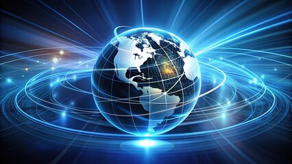 Obraz premium Modern abstract business logo featuring a stylized globe surrounded by circular lines, conveying innovation, technology, and global connectivity in a corporate setting.