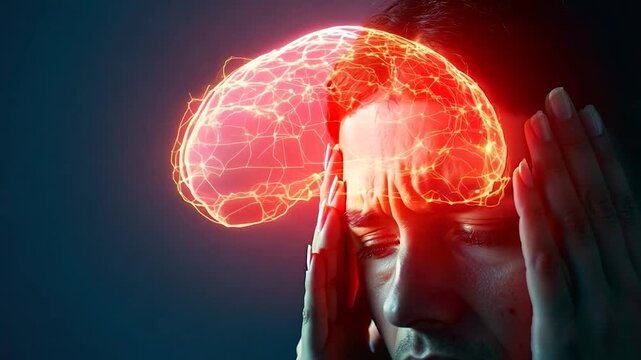 Woman holding her head with hands, suffering from headache, migraine or stress, with visual representation of brain activity