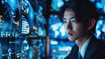 Fototapeta premium businessman using smart robot technology for business, artificial intelligence.