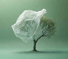 A creative representation of a tree partially covered in plastic, highlighting environmental concerns and nature's vulnerability.