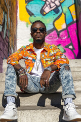 Obraz premium A Black man exudes cool confidence in fashion-forward street style, seated on urban steps