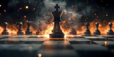 A dramatic chess scene featuring a king piece illuminated by flames and smoke, symbolizing strategy and intense competition.