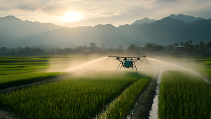 A drone spraying crops in a lush green rice field at sunset, surrounded by mountains, showcasing modern agriculture technology.