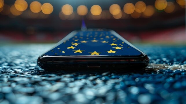 Smartphone displaying European Union flag on carpet during a sports event at an arena