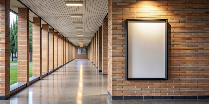 Empty poster frame mockup hanging on wall in university campus corridor, mockup, poster, frame, empty, blank, university