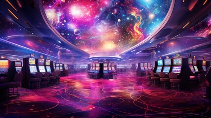 Fototapeta premium Luxury casino interior with slot machines and abstract ceiling cosmic background. Neural network ai generated art