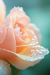 A delicate rose with dew drops glistens in the morning light