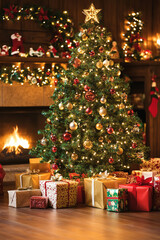 A festive Christmas background features a beautifully decorated tree, adorned with shimmering ornaments, twinkling lights, and colorful garlands