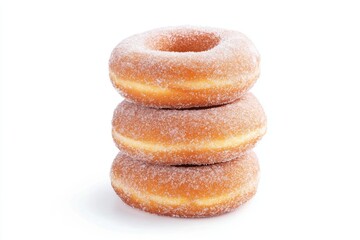 Three freshly made sugar-coated donuts stacked on a white background