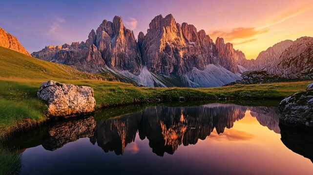 Sunset changing over tre cime di lavaredo reflecting in lake