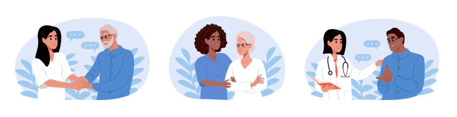 Nurses care for the elderly. A nurse holds hands with a patient in compassion, trust, and supportive care. Caregivers help older people walk.