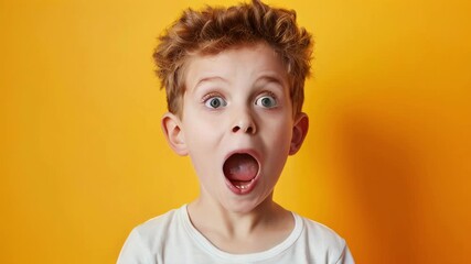  A very surprised little boy with wide open eyes and mouth on a yellow background