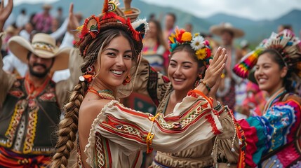 Fototapeta premium A wide-angle view of two people in traditional attire high-fiving in front of a stage at a cultural festival, with performers in colorful costumes dancing and playing music in the background.