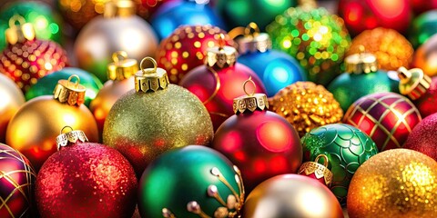 Close-up of festive Christmas ornaments, Christmas, holidays, decorations, baubles, red, green, shiny, hanging