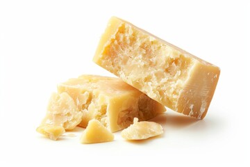 A block and crumbles of aged cheese against a white background