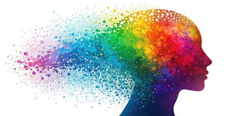 Colorful particle silhouette head symbolizing thought, imagination, and mental exploration , creative, silhouette