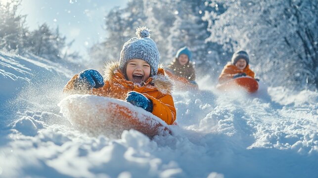 Joyful Children Sledding on Snowy Slope in Winter Wonderland with Frosted Trees and Rolling Hills