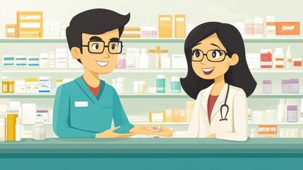 Fototapeta premium A male and female pharmacist engage in conversation while handling a prescription at the pharmacy