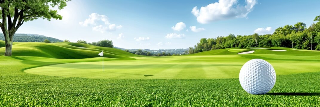 A stunning golf course with a ball on the green, showcasing a beautiful landscape under a clear blue sky.
