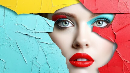 A surreal portrait of a woman's face emerging from brightly colored cracked paint, combining art and beauty in a striking visual.