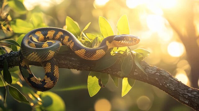 Mangrove snake resting on branch in golden light