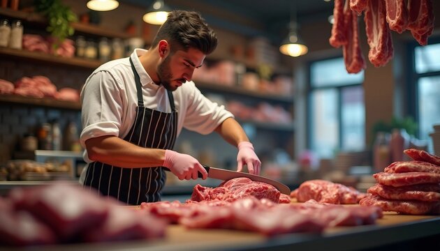 Portrait of a butcher with a warm smile, arranging meat on a cutting table. Balanced composition with natural light, depth of field, and space for text create an advertising-style appearance.






