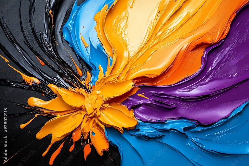 Poster Vibrant abstract paint swirl with bold colors, showcasing dynamic movement and creativity in a striking visual composition.